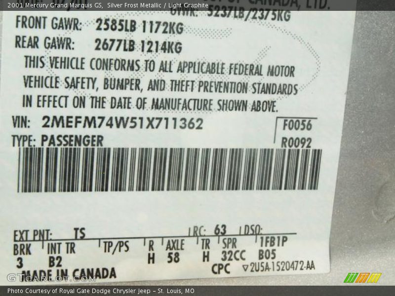 Silver Frost Metallic / Light Graphite 2001 Mercury Grand Marquis GS