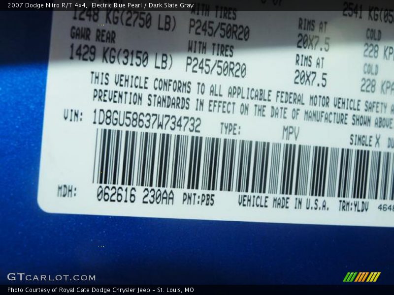 Electric Blue Pearl / Dark Slate Gray 2007 Dodge Nitro R/T 4x4