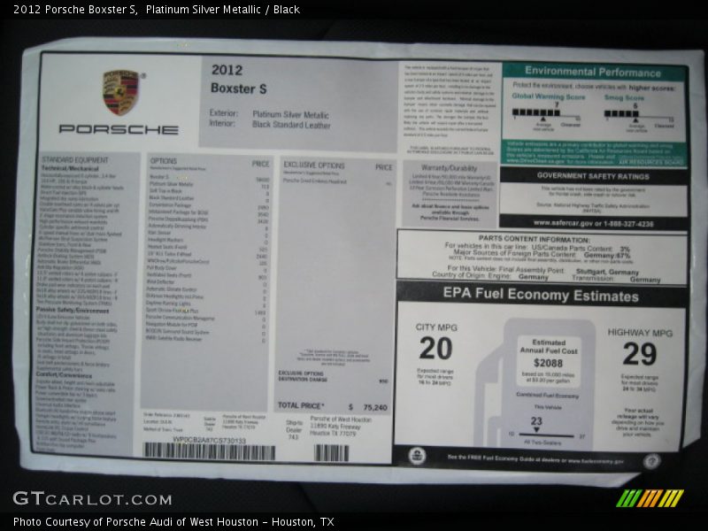  2012 Boxster S Window Sticker