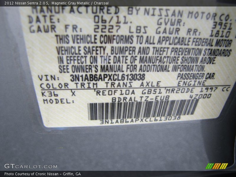 Magnetic Gray Metallic / Charcoal 2012 Nissan Sentra 2.0 S
