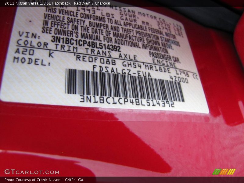 Red Alert / Charcoal 2011 Nissan Versa 1.8 SL Hatchback