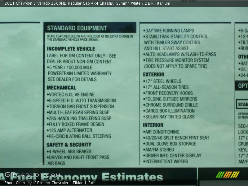  2011 Silverado 2500HD Regular Cab 4x4 Chassis Window Sticker