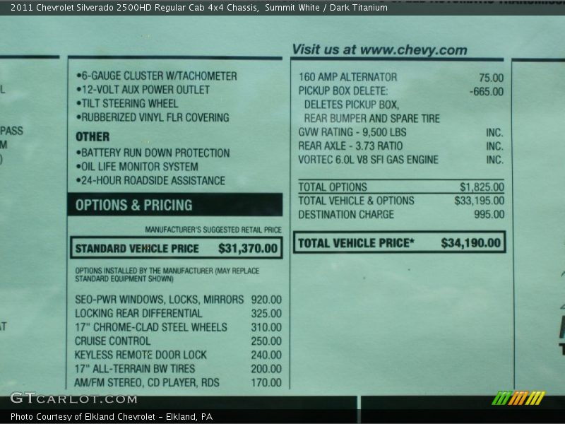  2011 Silverado 2500HD Regular Cab 4x4 Chassis Window Sticker