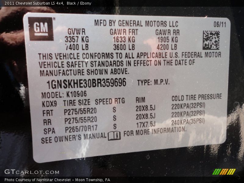 Info Tag of 2011 Suburban LS 4x4