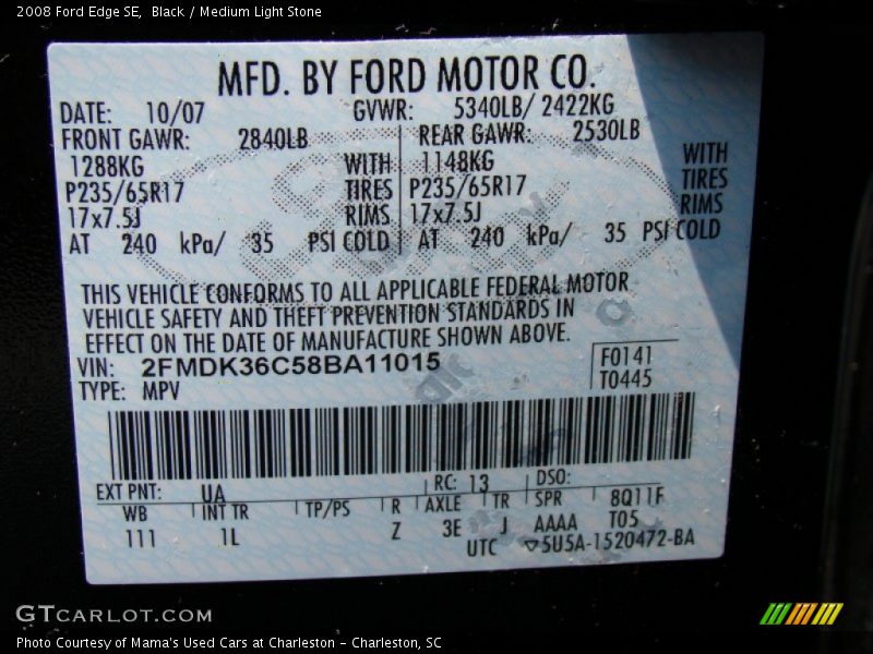 Black / Medium Light Stone 2008 Ford Edge SE