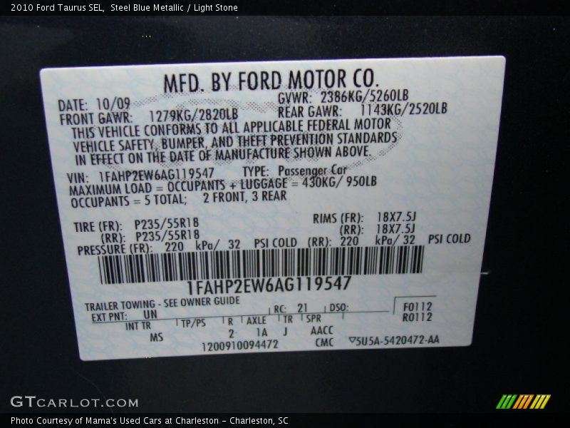Steel Blue Metallic / Light Stone 2010 Ford Taurus SEL