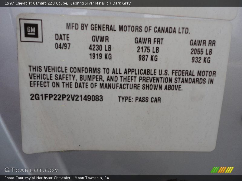 Info Tag of 1997 Camaro Z28 Coupe