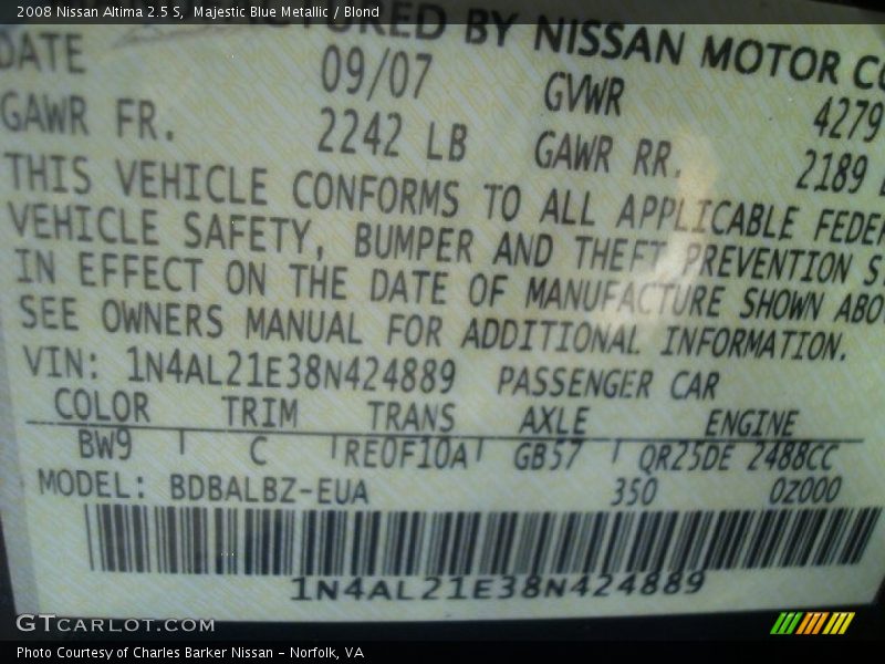 Majestic Blue Metallic / Blond 2008 Nissan Altima 2.5 S