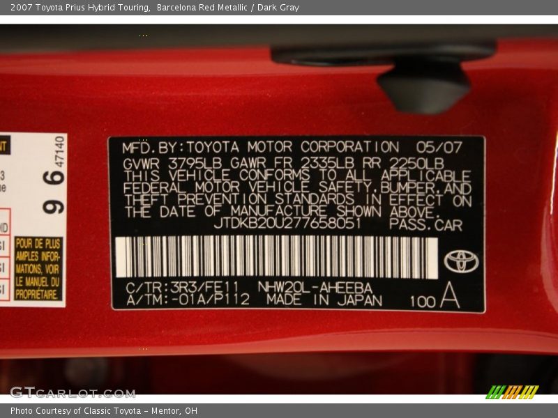 Barcelona Red Metallic / Dark Gray 2007 Toyota Prius Hybrid Touring