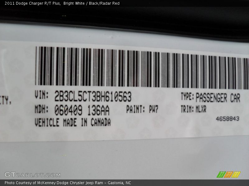 Bright White / Black/Radar Red 2011 Dodge Charger R/T Plus