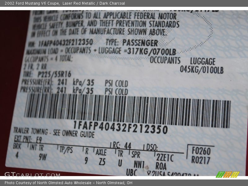 Laser Red Metallic / Dark Charcoal 2002 Ford Mustang V6 Coupe