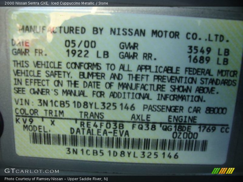 Iced Cuppuccino Metallic / Stone 2000 Nissan Sentra GXE