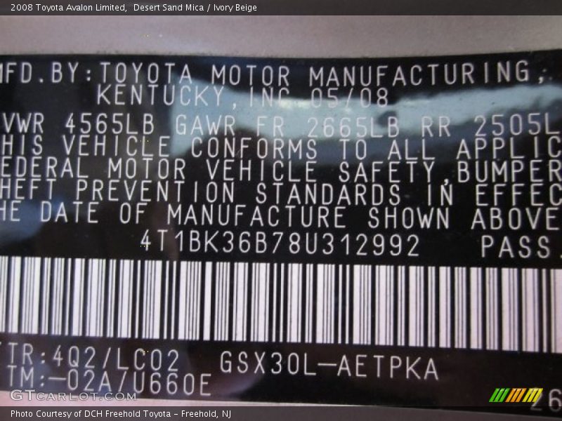 Desert Sand Mica / Ivory Beige 2008 Toyota Avalon Limited