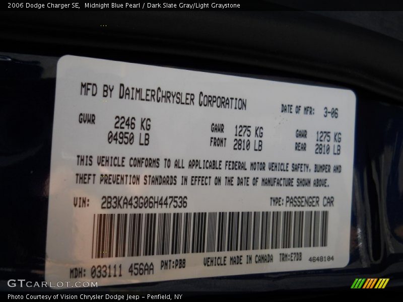Midnight Blue Pearl / Dark Slate Gray/Light Graystone 2006 Dodge Charger SE