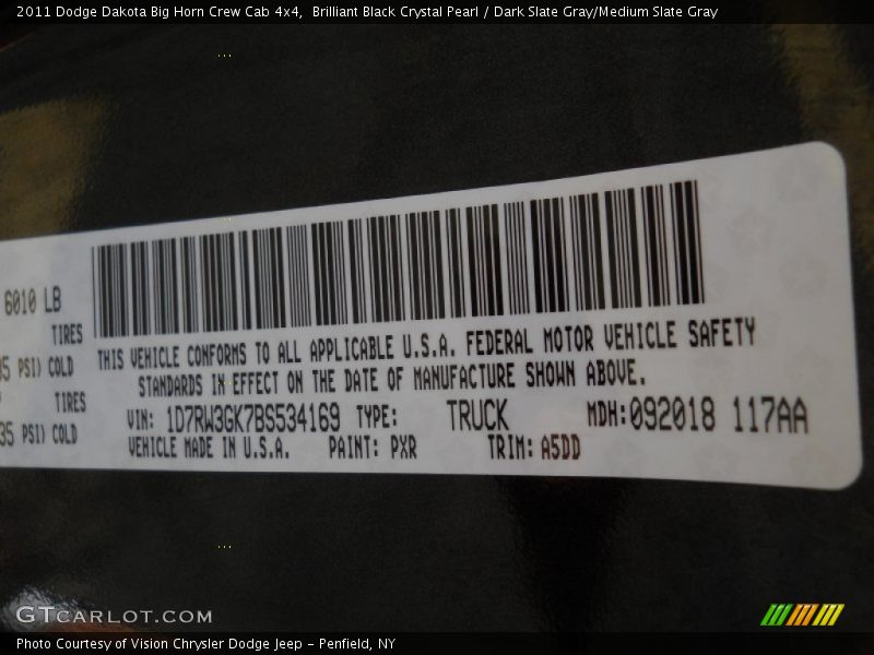 Brilliant Black Crystal Pearl / Dark Slate Gray/Medium Slate Gray 2011 Dodge Dakota Big Horn Crew Cab 4x4