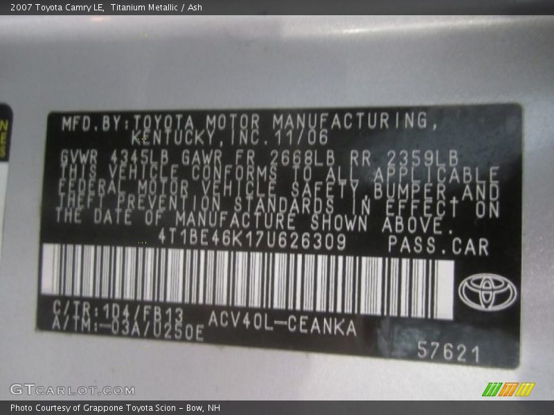 Titanium Metallic / Ash 2007 Toyota Camry LE