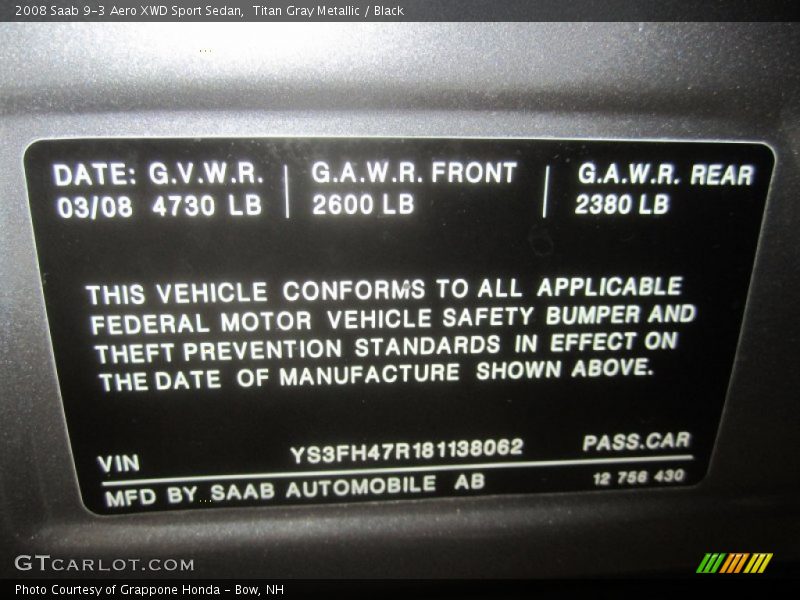 Titan Gray Metallic / Black 2008 Saab 9-3 Aero XWD Sport Sedan