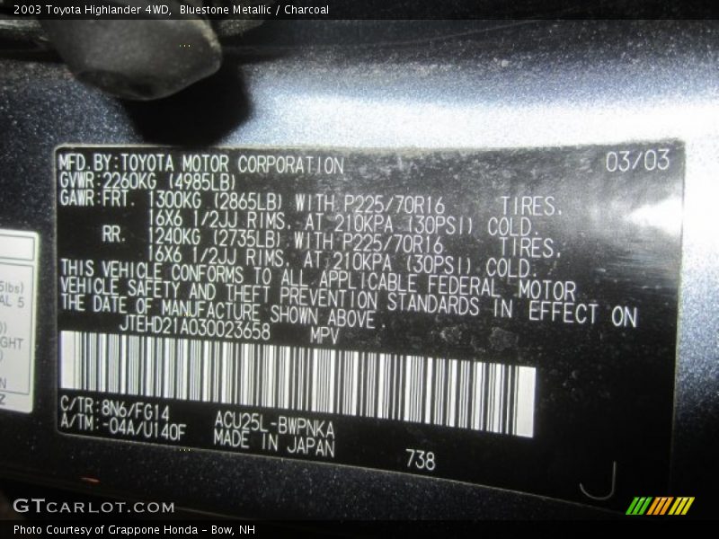 Bluestone Metallic / Charcoal 2003 Toyota Highlander 4WD