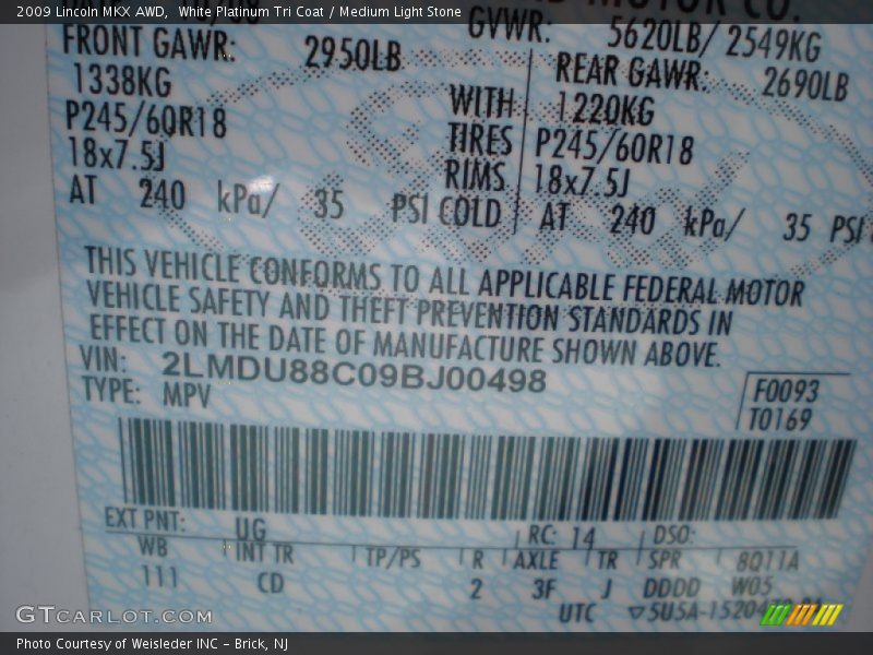 White Platinum Tri Coat / Medium Light Stone 2009 Lincoln MKX AWD
