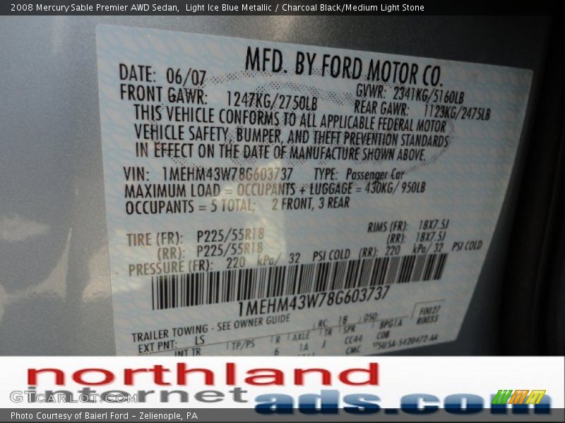 Light Ice Blue Metallic / Charcoal Black/Medium Light Stone 2008 Mercury Sable Premier AWD Sedan