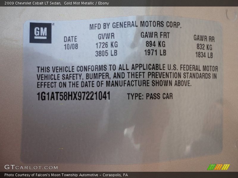 Gold Mist Metallic / Ebony 2009 Chevrolet Cobalt LT Sedan