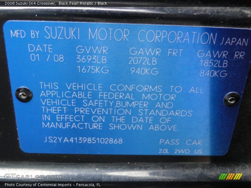 Black Pearl Metallic / Black 2008 Suzuki SX4 Crossover