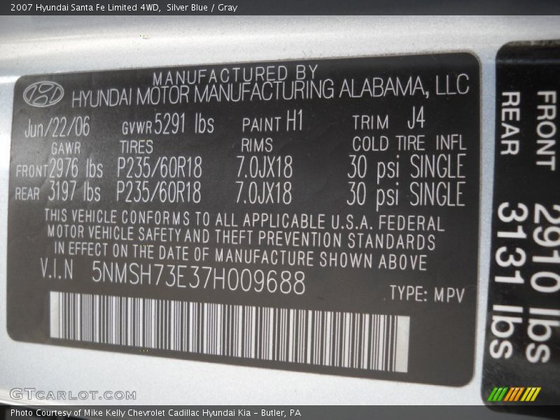 Silver Blue / Gray 2007 Hyundai Santa Fe Limited 4WD