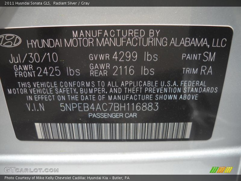 Radiant Silver / Gray 2011 Hyundai Sonata GLS