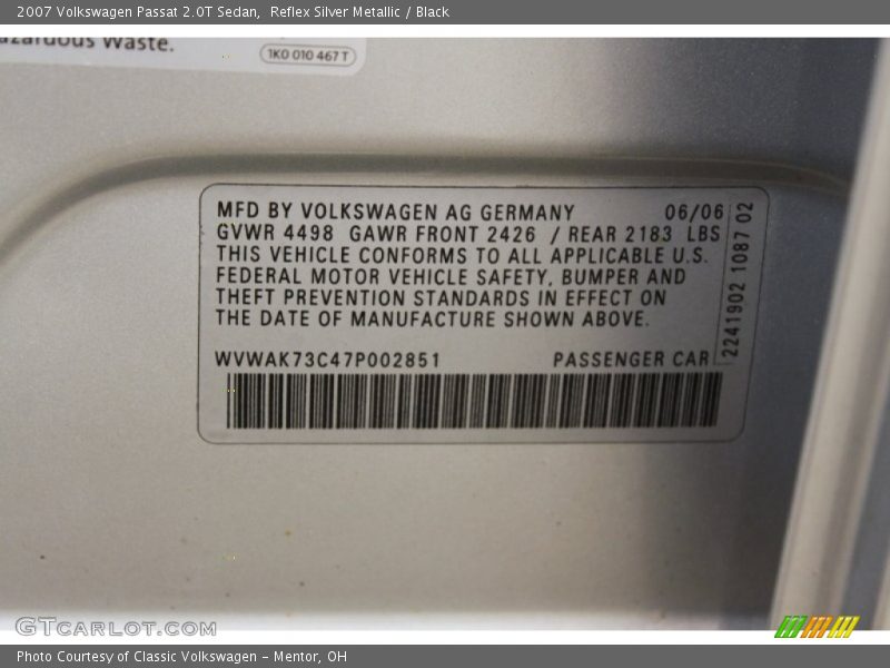 Reflex Silver Metallic / Black 2007 Volkswagen Passat 2.0T Sedan