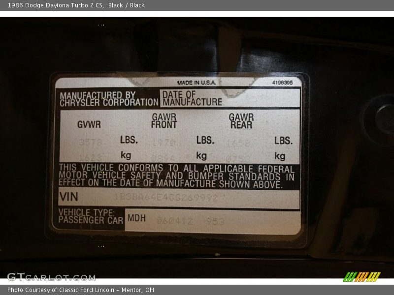 Info Tag of 1986 Daytona Turbo Z CS