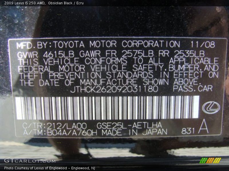 Obsidian Black / Ecru 2009 Lexus IS 250 AWD