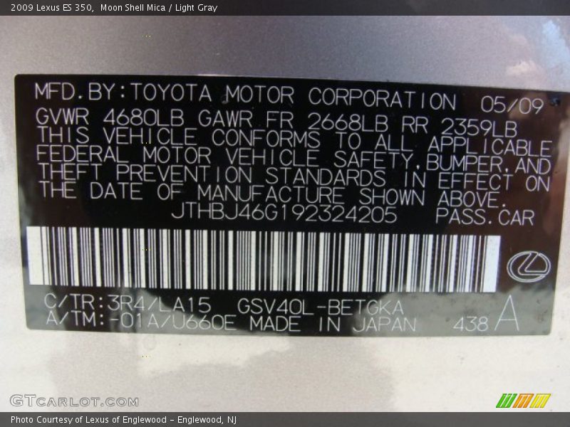 2009 ES 350 Moon Shell Mica Color Code 3R4