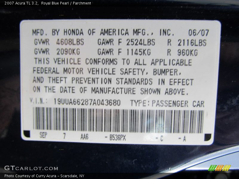 Royal Blue Pearl / Parchment 2007 Acura TL 3.2