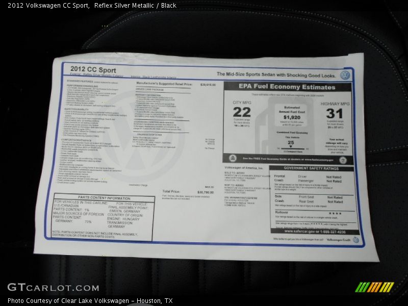 Reflex Silver Metallic / Black 2012 Volkswagen CC Sport