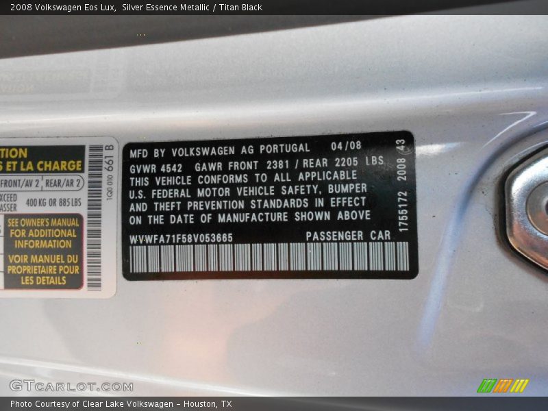 Silver Essence Metallic / Titan Black 2008 Volkswagen Eos Lux