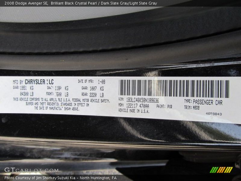 Brilliant Black Crystal Pearl / Dark Slate Gray/Light Slate Gray 2008 Dodge Avenger SE