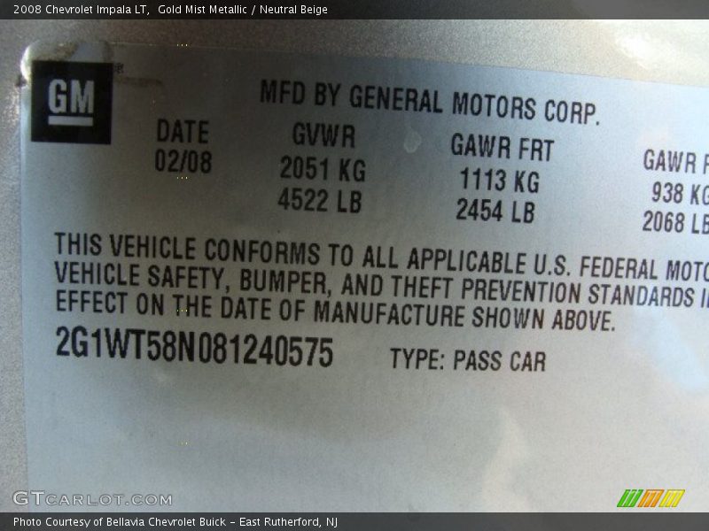 Gold Mist Metallic / Neutral Beige 2008 Chevrolet Impala LT