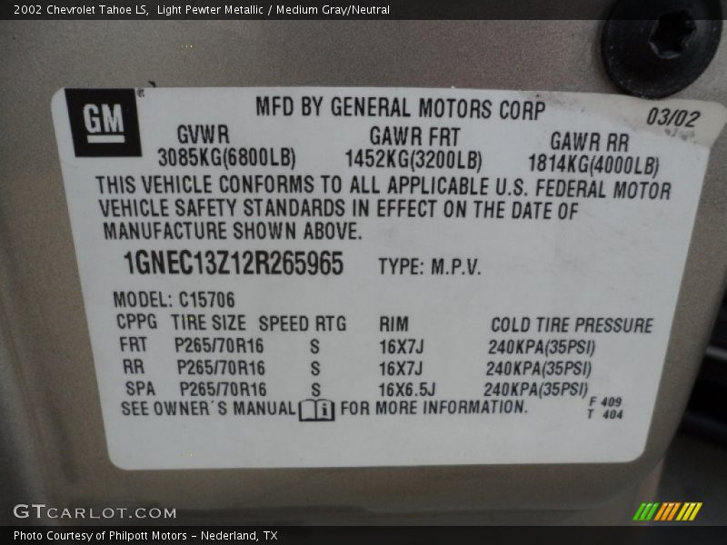 Info Tag of 2002 Tahoe LS