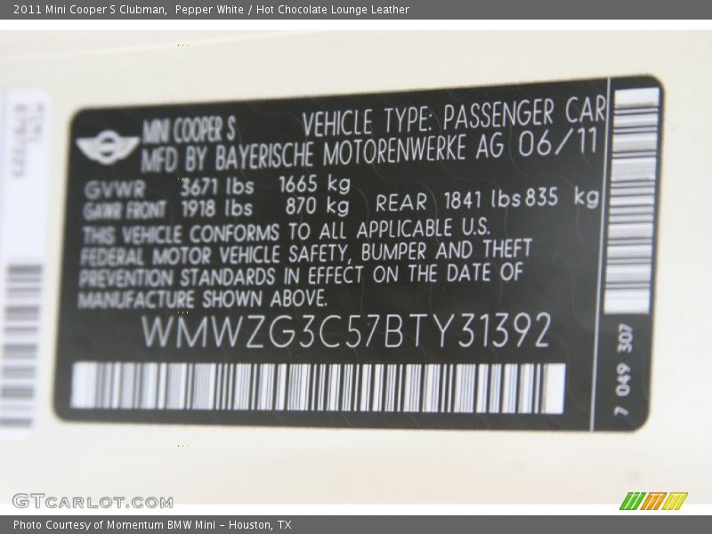 Pepper White / Hot Chocolate Lounge Leather 2011 Mini Cooper S Clubman