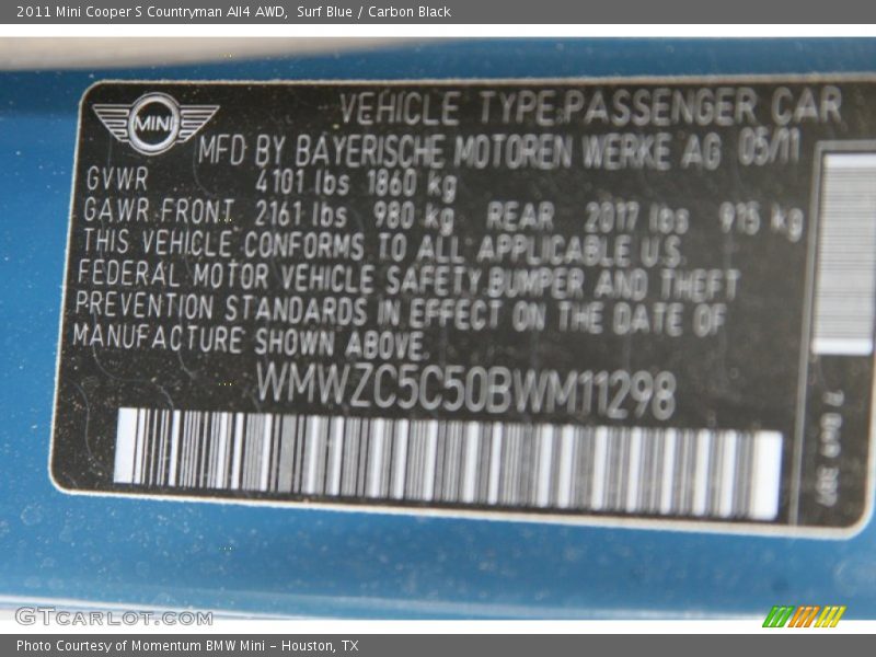Surf Blue / Carbon Black 2011 Mini Cooper S Countryman All4 AWD