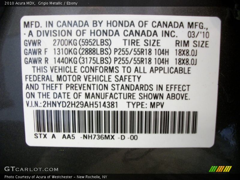 2010 MDX  Grigio Metallic Color Code NH736MX