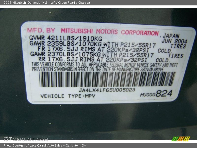 Lofty Green Pearl / Charcoal 2005 Mitsubishi Outlander XLS