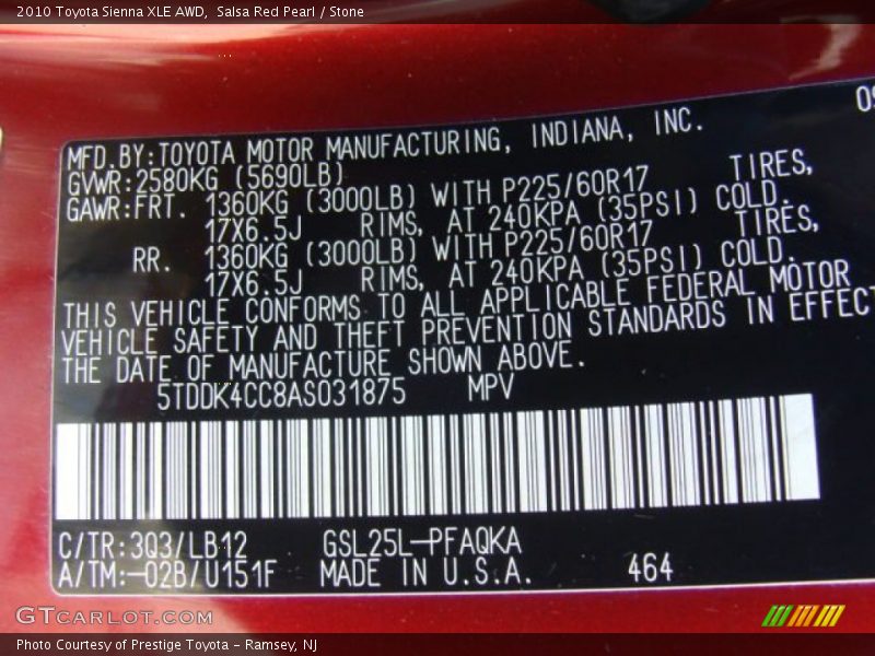 2010 Sienna XLE AWD Salsa Red Pearl Color Code 3Q3