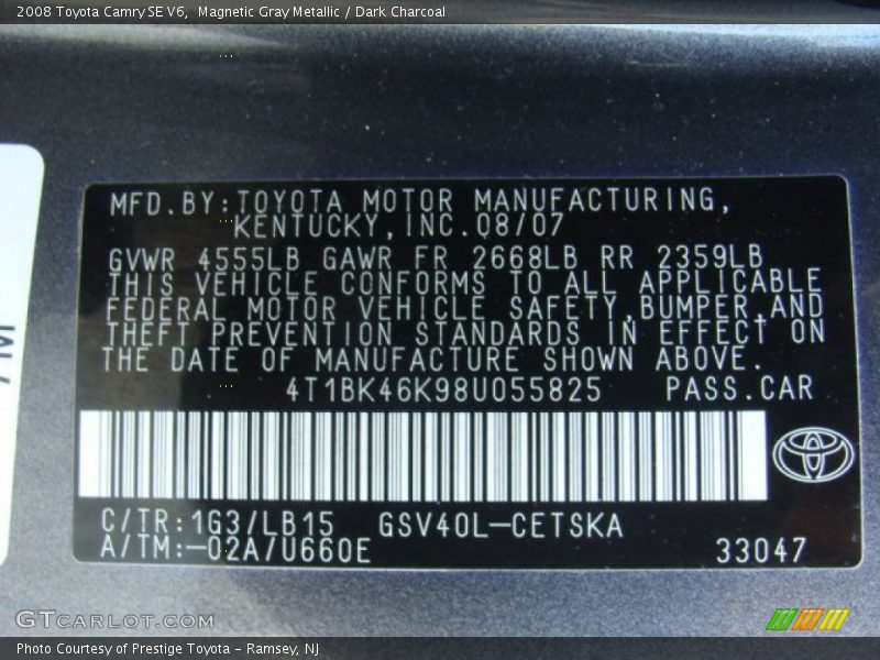 Magnetic Gray Metallic / Dark Charcoal 2008 Toyota Camry SE V6