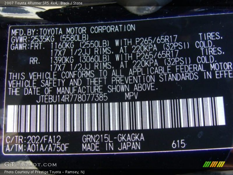 Black / Stone 2007 Toyota 4Runner SR5 4x4