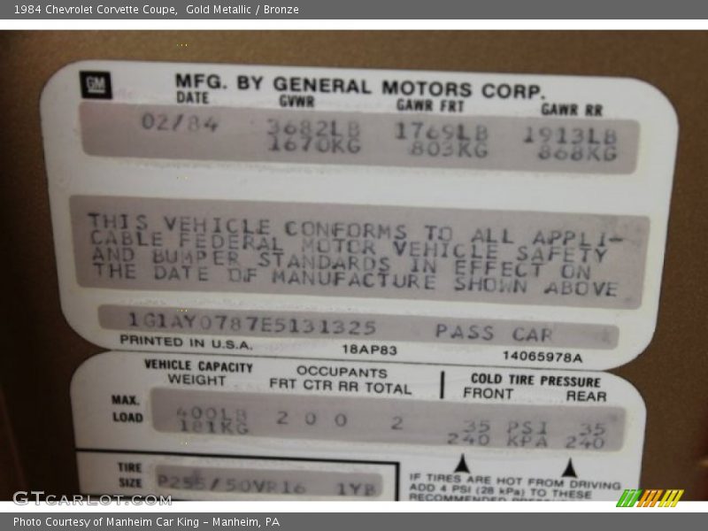 Info Tag of 1984 Corvette Coupe