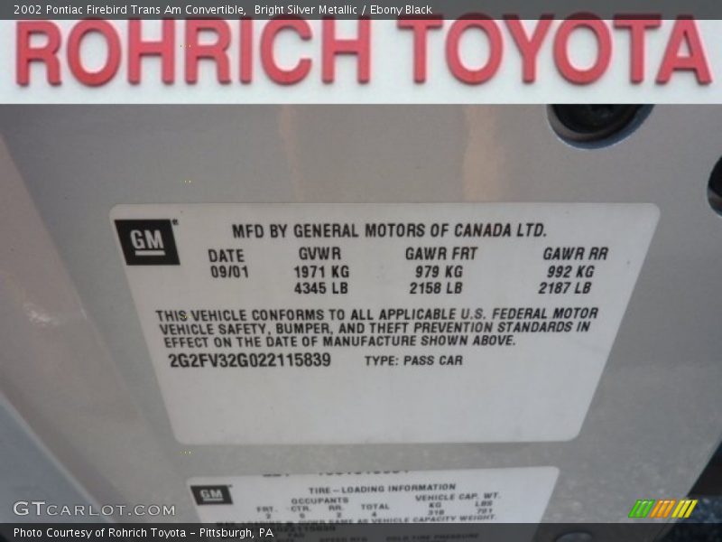 Bright Silver Metallic / Ebony Black 2002 Pontiac Firebird Trans Am Convertible