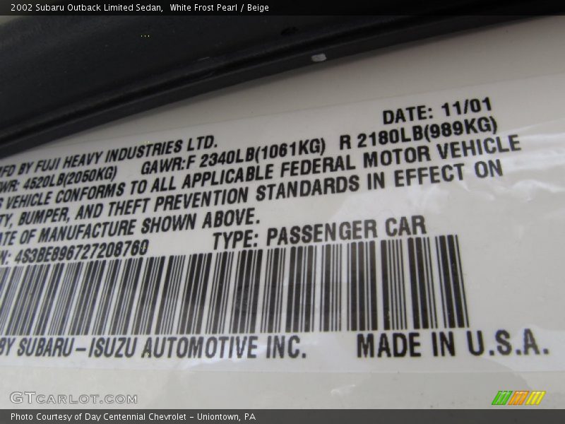 White Frost Pearl / Beige 2002 Subaru Outback Limited Sedan
