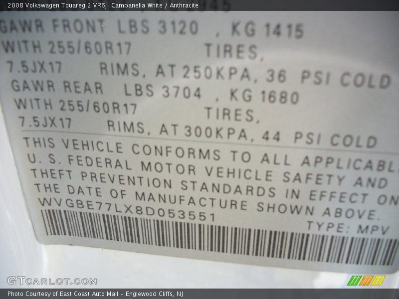 Campanella White / Anthracite 2008 Volkswagen Touareg 2 VR6