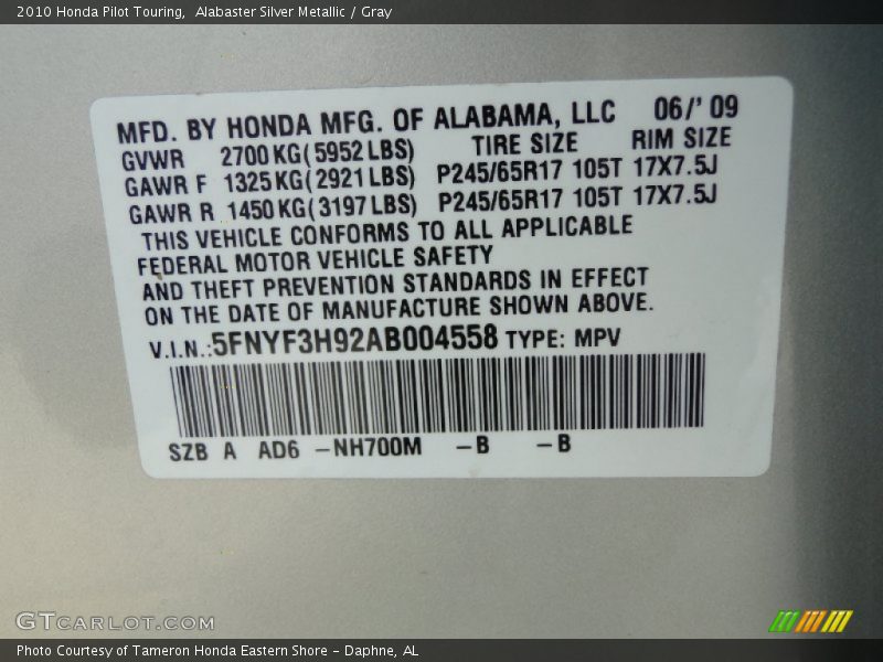 2010 Pilot Touring Alabaster Silver Metallic Color Code NH700M